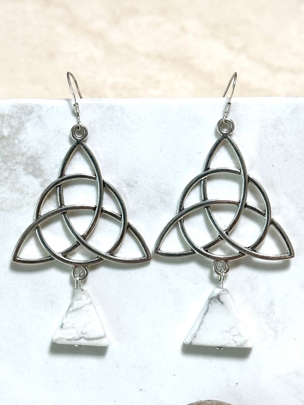 2/$20,White Magnesite Celtic Trinity Dangle Earrings, Gemstone & 925 Silver Hook